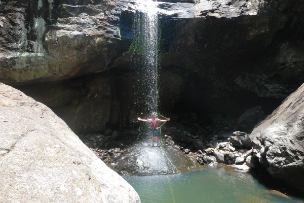 Booka under a waterfall